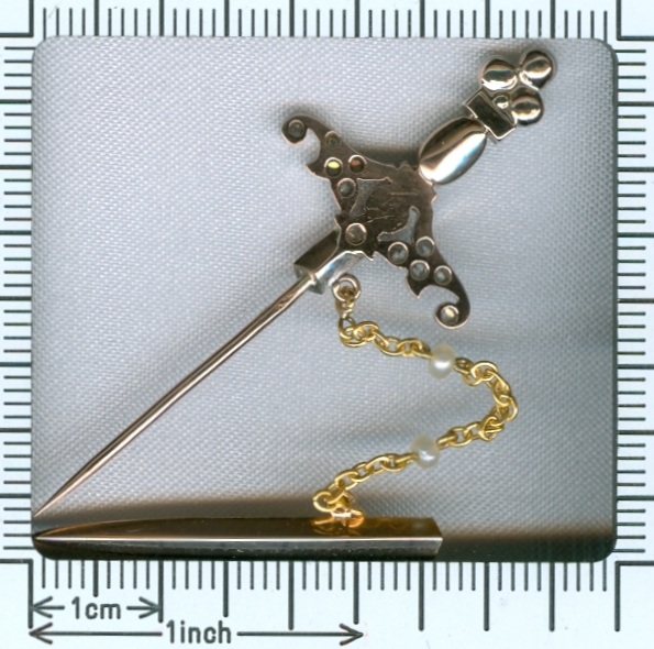 Victorian dagger or sword shaped bejeweled gold lapel pin (image 4 of 6)